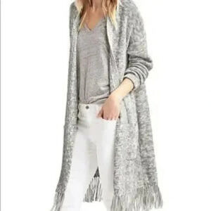 GAP Longline Boho Fringe Open Front Heather Gray Cardigan Sweater
